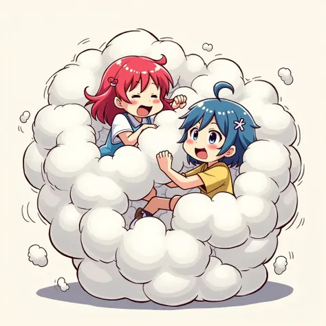  girls playfully wrestling with each other inside a  comical fight cloud.
each girl has different  colored hair.
their faces,hands,and feet are visible emerging from the cloud as they tussle humorously,  with the rest of their bodies completely hidden insi...