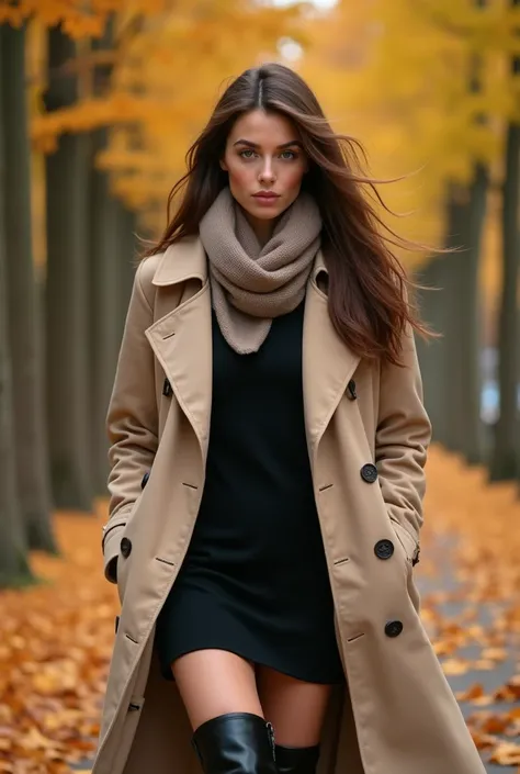 Arafed Femme, Fille sexy aux yeux verts, Portrait Sophie Mudd, cheveux bruns et grands yeux. Enveloppée dans un long manteau beige cintré à la taille, Arafed Femme déambule tranquillement dans un parc parisien aux couleurs de l’automne. Sous son manteau, e...