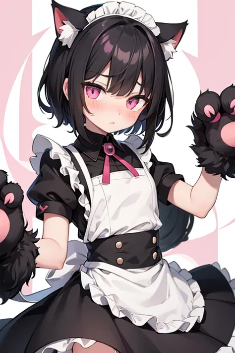 male, black hair、very short hair and droopy eyes、pink eyes, cat ears, animal hands, blushing, young, short sleeves、the skirt is ...