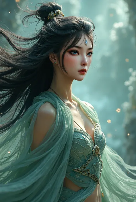 (highest qualityの, highest quality, Queen, beautiful and aesthetic:1.2), (1 female), Highly detailed dynamic gaze,(fractal art:1.3),I&#39;m wearing a chinese 9 tail fox legend,best details, she has windblowing dark grey hair and  jade eyes, 8k