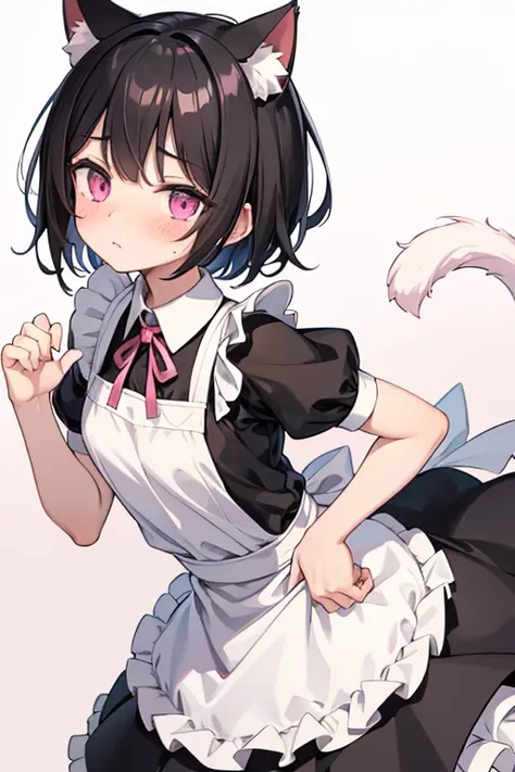 male, black hair、very short hair and droopy eyes、pink eyes, cat ears, pink paws、kemo hands, blushing, young, short sleeves、the s...