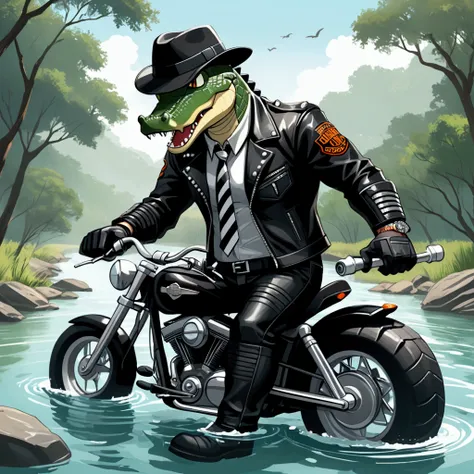 cartoon atmosphere of an extremely badass crocodile wearing an insanely cool black leather Harley Davidson biker jacket open, black fedora, black striped necktie, black leather biker gloves, black leather biker pants in a river swimming