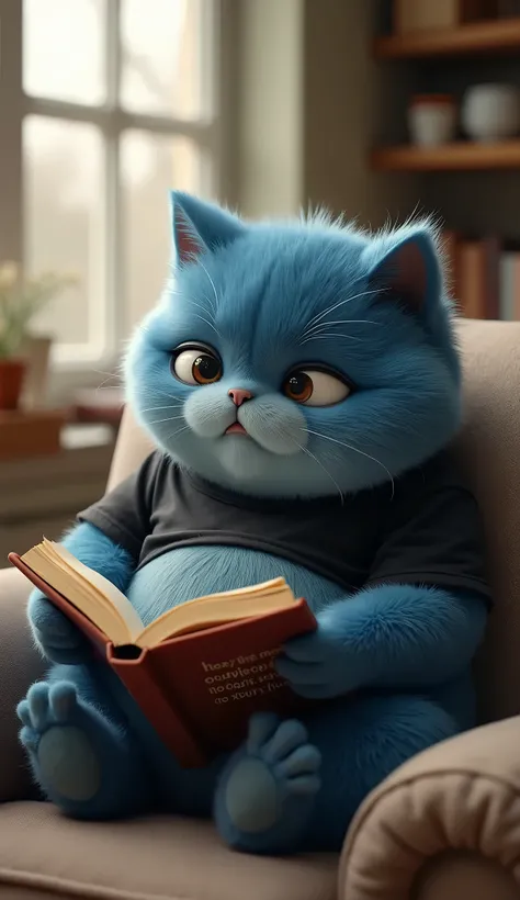 make a image shot with Canon EOS R5 use Sigma 50mm f/1.4 DG HSM lens, UHD, 8K, Unreal engine 5, Film Stok, hyper-detailed about :
In the room, Kiko, a fat, cute, fluffy anthropomorphic blue kitten, wearing a black t-shirt reads a book about courage and ass...