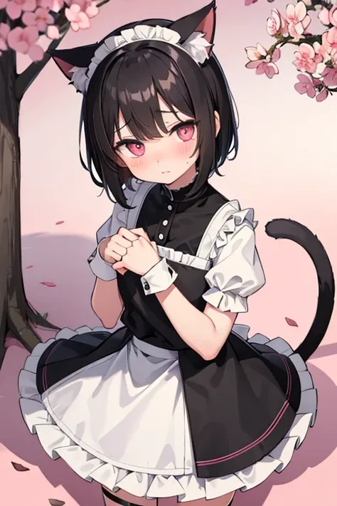 ・girl・black hair、very short hair and droopy eyes、pink eyes, cat ears, animal hands, blushing, young, short sleeves、the skirt is ...