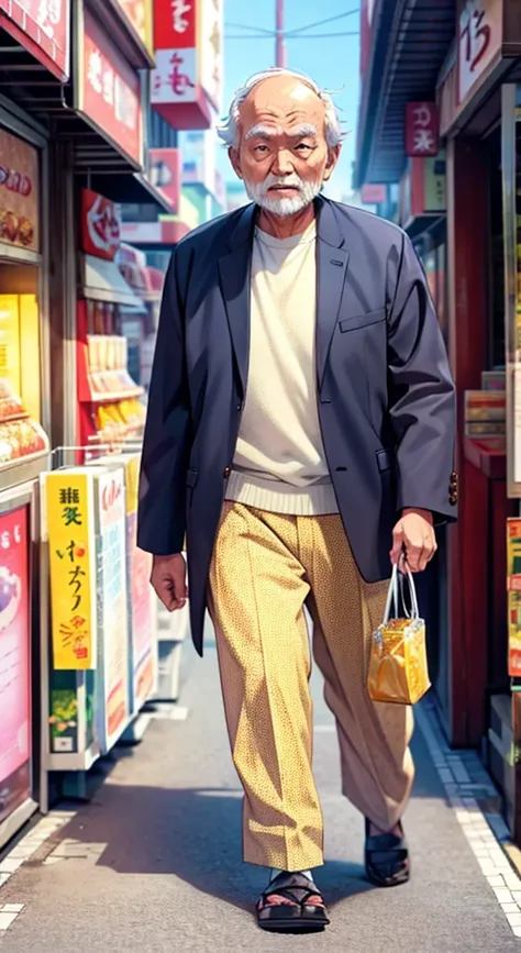 An old man dressed like Sunplaza Nakano-kun walks around town