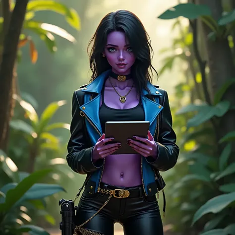 A beautiful alien woman, 3 10" tall, shoulder length black hair, purple skin, wearing a black crop top under a blue and black leather jacket, bare midriff, black leather pants adorned with gold chains, wearing an alien pistol in a holster on her hip, holdi...