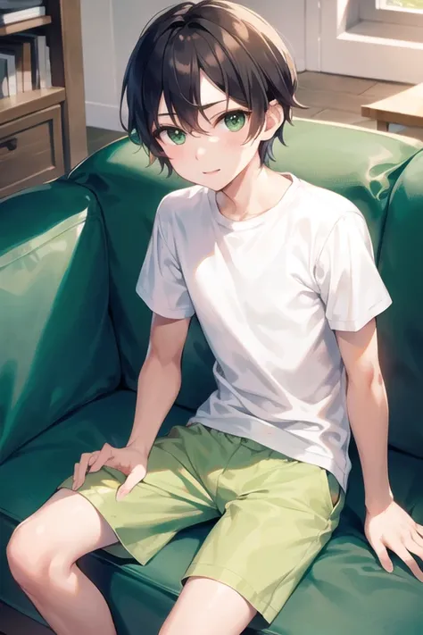 a cute boy sitting in a living room, wearing a white sleeve shirt and green briefs, beautiful, soft+cute, best quality, masterpiece