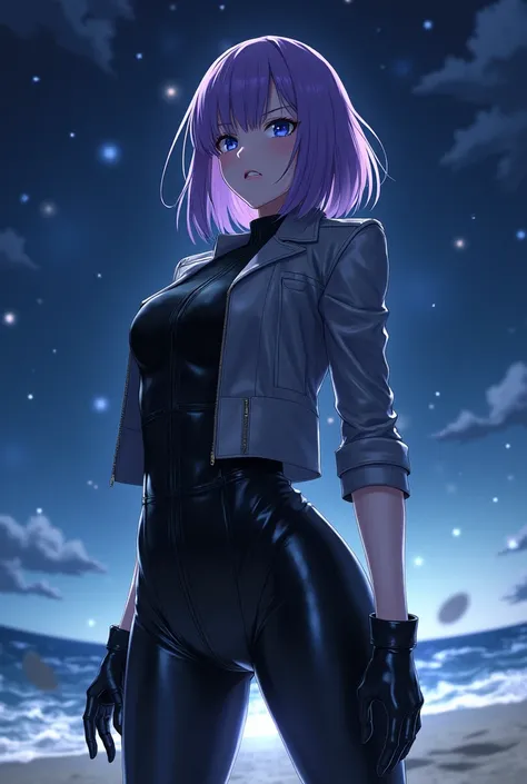 Estilo de diseño Shingoaraki-smf, Saori Kido athena, Women, athletics, blue eyes, white skin, Frowning brow, he would be,closed mouth, semi-long straight purple hair, purple hair with bangs, majestic, looking at the camera, fitted leather jacket, black lea...