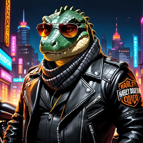 Closeup, An extremely badass crocodile wearing an insanely cool black leather Harley Davidson biker jacket open, warm scarf, black sunglasses, standing in a neon cityscape background. 