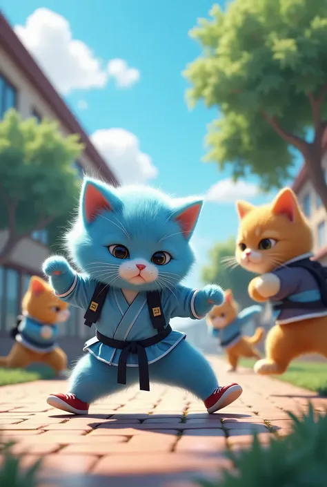 make a image shot with Canon EOS R5 use Sigma 50mm f/1.4 DG HSM lens, UHD, 8K, Unreal engine 5, Film Stok, hyper-detailed about :
In the school yard, Kiko is a blue fat, cute, fluffy anthropomorphic kitten wearing a light blue school uniform, wearing a bla...