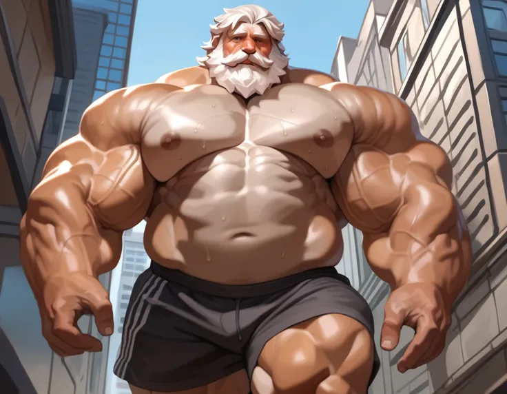 solo, 1boy, Muscular Old man, wide shoulder, (wide pectoral, massive pectoral muscle, front view), thick arms, walking on city, short white hair, detailed, view from bottom, shorts, sweat, shirtless, masterpiece, semirealistic:1.2, high detailed, 8k, high ...