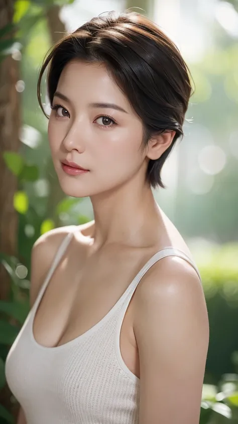 High resolution, masterpiece, Anatomically correct, Winner of numerous awards, Best Quality, Ultra high definition, Textured skin, woman、Very short hair with a center part、40 years old、Large Breasts、Perfect Style、Face close-up、White tank top、Looking at the...