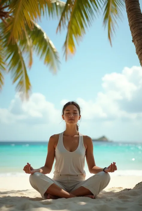 a young woman is sitting in a cross-legged meditation pose on a white sandy beach near a calm sea. The woman sits in a cross-legged meditation posture, with her hands resting on her knees and palms facing upward in a mudra position. She is dressed in light...