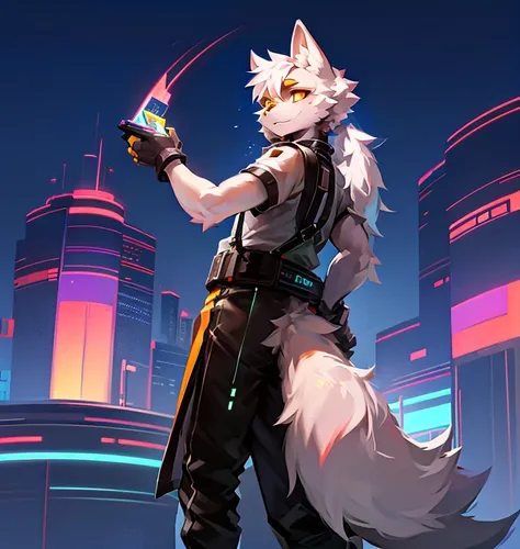 cyber punk perssonage，epcot，Tech style，solo person，White body，White ears，White hair，Overall white，Orange-yellow eyes，Wolf tail，Wolf orcs，Young，Wear a short-sleeved shirt，Ultra-clear screen，Soft lines