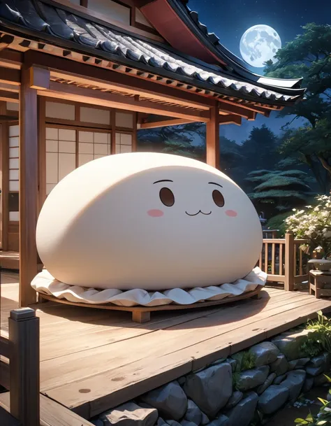 masterpiece, best quality, 8k, highres, ultra-detailed,HDR, UHD, studio lighting, ultra-fine painting, sharp focus, physically-based rendering, extreme detail description, professional, vivid colors、Japanese Garden、Chibi、A girl in a life-sized dumpling cos...