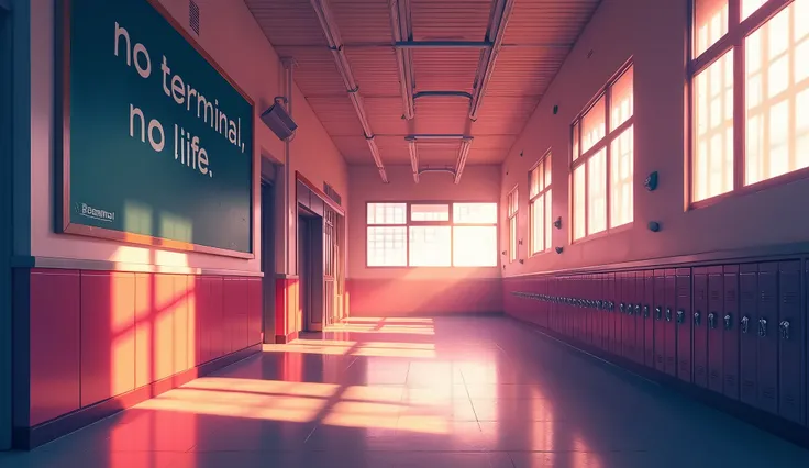 a school corridor with bright colors, on a wall there is a board that writes "NO TERMINAL, NO LIFE", In the style of Makoto Shinkai。master piece, ultra detail, precision, ultra-realistic, unreal engine render