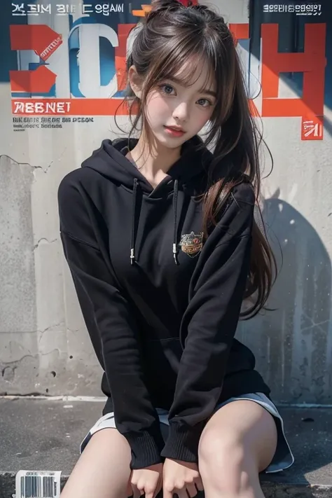 (Magazine cover:1.4),(1 slim beautiful Korean idol,small breasts,low_side_ponytail_hair,side bangs,symmetry eyes),(black hoodie,barelegs),BREAK,8k,Realistic photo style,Photorealism, Realistic, surreal,Best image quality, High resolution, Highest quality,c...