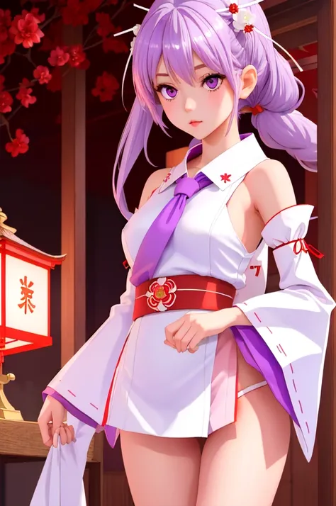 (Best quality:1.4), height, Masterpiece,, 1 girl,, light purple hair, Purple eyes, (Chemomimi), Medium bust, Thin, slender thighs,, Hair accessories, (red|White Japanese miko outfit), detached sleeves,, shy,, lamp, shrine,, Facial details,