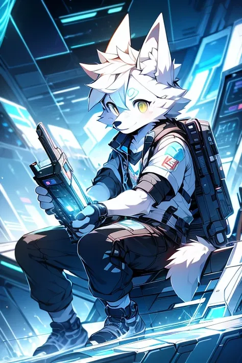 cyber punk perssonage，epcot，Tech style，solo person，White body，White ears，White hair，Overall white，Orange-yellow eyes，Wolf tail，Wolf orcs，Young，Wear a short-sleeved shirt，Ultra-clear screen，Soft lines