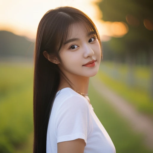 Asian woman with round face wearing Korean makeup, The face is bright, clear and shiny.,  Beautiful girl, Long hair, ponytail,Extra long hair, 2 meters long, Long hair blows up in the wind.,Dark red short-sleeved shirt ,Mini tight, Strong and moist abdomin...