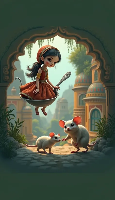 A magical doll sitting in a silver spoon being pulled by mice, traveling through a Rajasthani landscape with traditional cultural elements in the background."