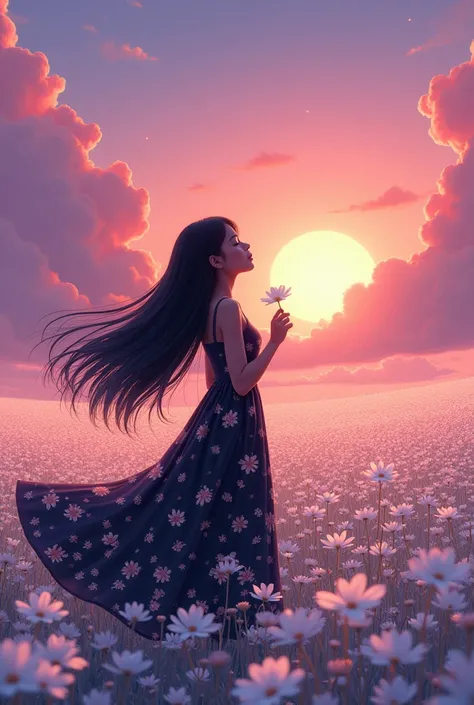 A girl with black floral long pretty dress with long hair, standing at a big white flower garden . There is a white flower in her hand.  She is staring at the sky. She is carrying a white shoes. Closing ger eyes she is she is enjoying the  pretty sunset. T...