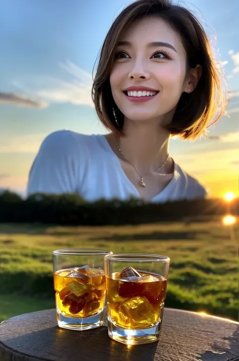 (Realistic, 超Realistic:1.4), 16K HDR, High resolution,((Whiskey Glass)),((Whiskey Bottle)),((Whiskey Glass)),Happy smile、short hair,The best smile、Japanese actress,so beautiful(It looks like the real thing),Evening Dresses,Cocktail Dresses、Whiskey Bottle、T...