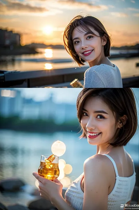 (Realistic, 超Realistic:1.4), 16K HDR, High resolution,((Whiskey Glass)),((Whiskey Bottle)),((Whiskey Glass)),Happy smile、short hair,The best smile、Japanese actress,so beautiful(It looks like the real thing),Evening Dresses,Cocktail Dresses、Whiskey Bottle、T...