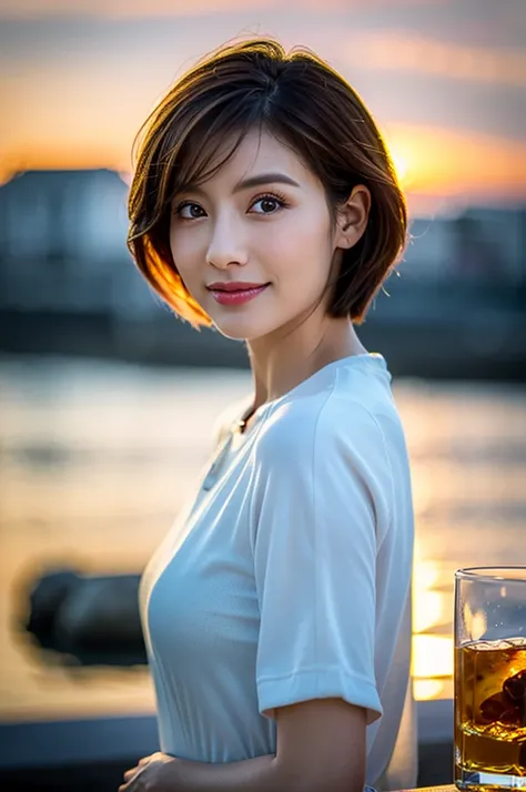 (Realistic, 超Realistic:1.4), 16K HDR, High resolution,((Whiskey Glass)),((Whiskey Bottle)),((Whiskey Glass)),Happy smile、short hair,The best smile、Japanese actress,so beautiful(It looks like the real thing),Evening Dresses,Cocktail Dresses、Whiskey Bottle、T...