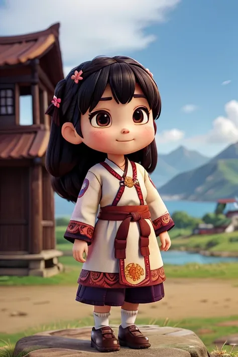 Characters that personify Ainu culture、Deformed cute girl、 Cute pose、Outdoor Scenery、An iconic landmark of her country、((Best Quality))