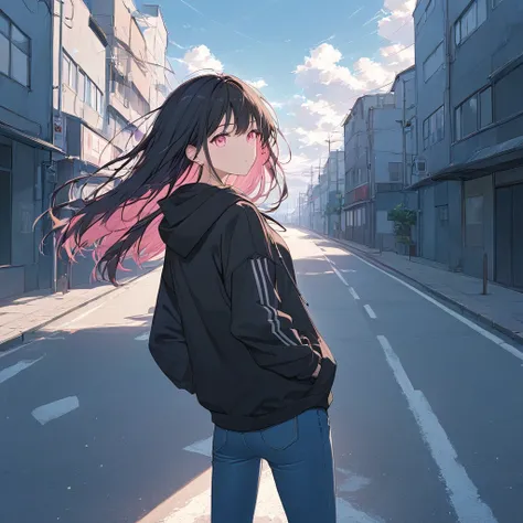 Anime Style,Woman looking back,Show your back,Black Hair,Medium Long Hair,Blowing in the Wind,Pink Eyes, Put on a black hoodie,Wear jeans,Put your hands in your pockets,Straight face,Calm,A scene from a movie that emphasizes women,Long single road,Very dar...