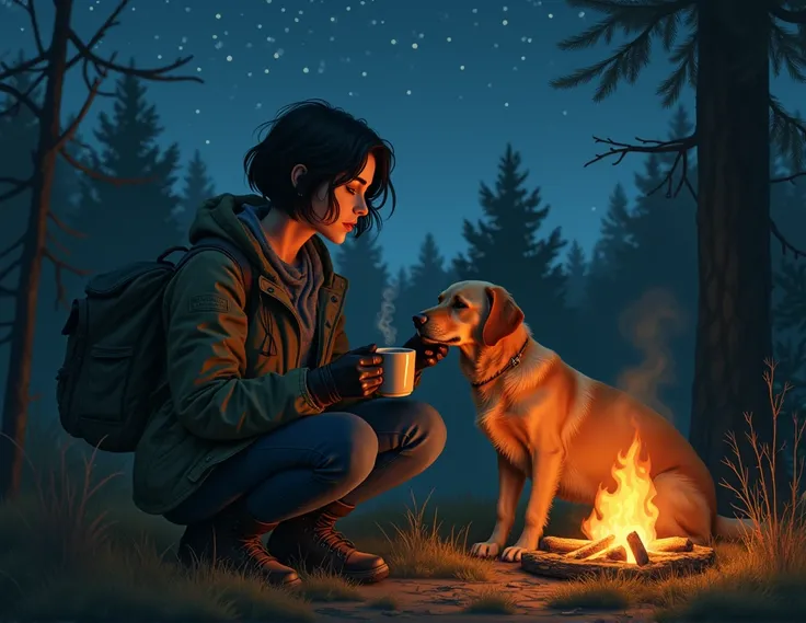 On a quiet night with the stars visible through the gaps in the trees, a beautiful woman with short black hair and a calm expression is camping. She is wearing a military jacket, leather gloves, jeans, and lace-up boots. There is a bonfire next to her, and...