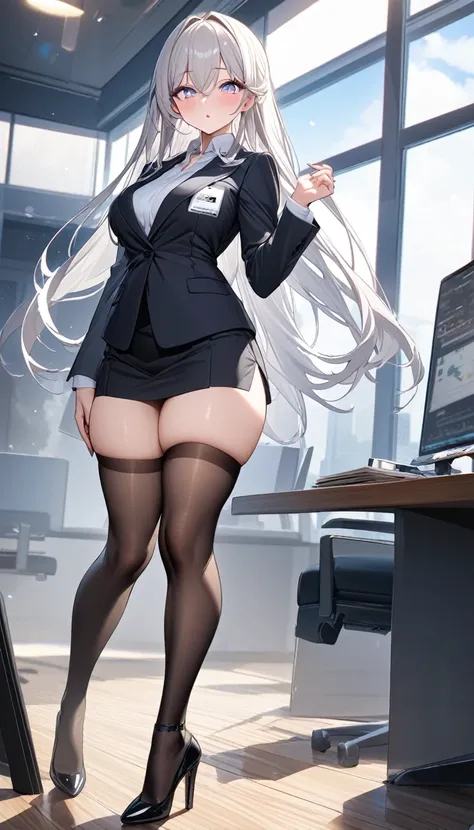 One beautiful woman, Ultra-high resolution,Ultra high definition,suit、,clear、Full body drawing、Thin stockings、Thighs、cool、Long Hair、Best Quality、８k、Sparkling, very pretty eyes and face、Female CEO、