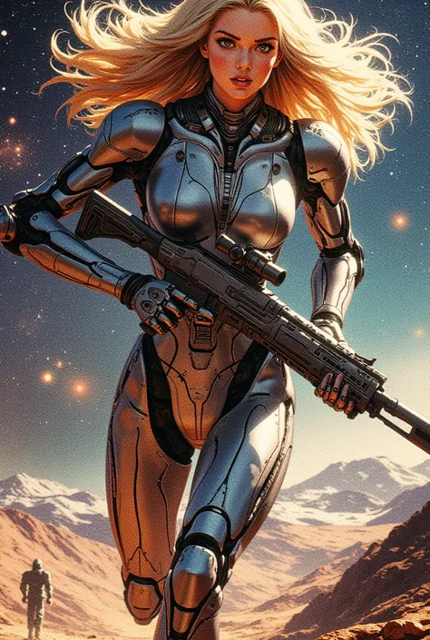 masterpiece,best quality,ultra detailed,adult woman,beautiful face,perfect face,highly detailed beautiful face and eyes,attractive face,large breasts,long blonde hair,green eyes,europian,silver mechanical body,beam rifle,running leaning forward,space backg...