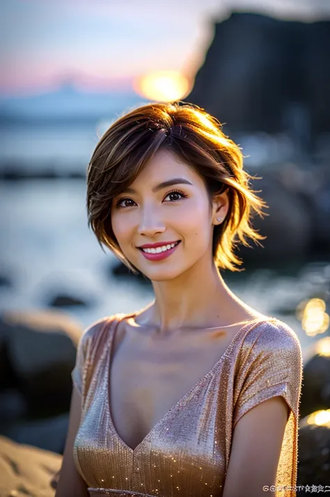 (Realistic, 超Realistic:1.4), 16K HDR, High resolution,((Whiskey Glass)),((Whiskey Bottle)),((Whiskey Glass)),Happy smile、short hair,The best smile、Japanese actress,so beautiful(It looks like the real thing),Evening Dresses,Cocktail Dresses、Whiskey Bottle、T...