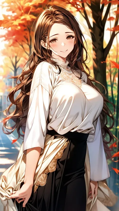 Best Quality,High image quality,Masterpiece,1girl,Adult women, Dark brown hair,Long Hair,highlight hair,french braid,(Droopy eyes:1.5),8 heads,Big Breasts,Black knit sweater,(Brown lace maxi long skirt),Beautiful lace,standing,Elegant appearance,smile,autu...