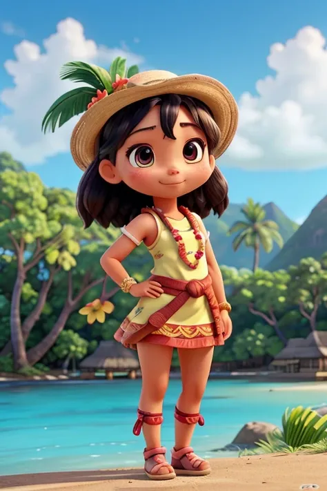 Characters that represent Tahitian culture、one Deformed cute girl、 Cute pose、Outdoor Scenery、An iconic landmark of her country、((Best Quality))