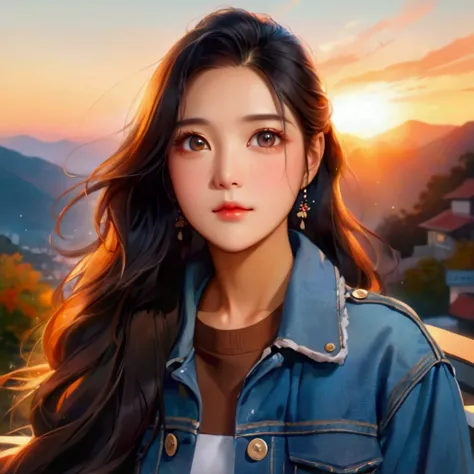  girl, beautiful digital artwork, with sunset, inspired by Song Maojin, inspired by Xie Sun, inspired by Zhang Yanภาพระยะใกล้ของผู้หญิงLong hairที่สวมแจ็กเก็ตยีนส์, portait photo Profile pictureture, Fan Art, The face is very beautiful., Beautiful portrait...