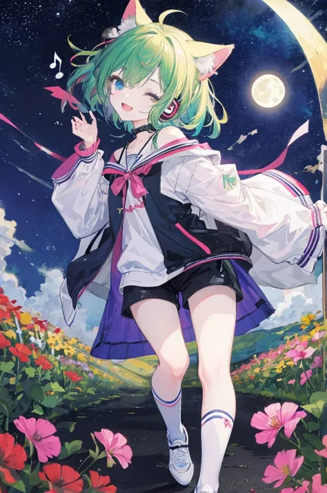 ((Best Quality)), ((masterpiece)), (detailed), Full body shot of a girl walking alone,Singing,Green Hair,Short bob with a bun,Cat ear headphones,Put your hands on the headphones,Choker with bells,blue eyes,Starry Sky,moon,Chibi,Bolero cardigan,White strapp...