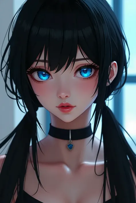 Generate an image of a beautiful and gorgeous tomboy girl with long beautiful black hair wearing it in two low ponytails and having sharp, glamourous, sparkling, beautiful blue eyes. And make her lips a bit more shiny and juicy. 