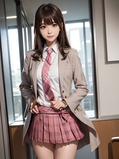 (8k, RAW Photos, Best Quality), Standing in a school classroom, (((((((One woman))))))), ((Brown Hair)), ((Short semi-long hair)), (Asymmetrical bangs), ((Detailed eyes)), ((A happy smile)), ((Long, slender legs)), ((Red ribbon tie)), (((Light grey closed ...