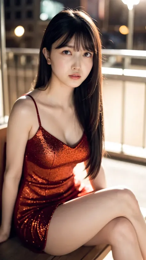 1girl,(wearing a red glittery evening mini dress:1.2),(raw photo, best quality), (realistic, photo-realistic:1.4), masterpiece, ...