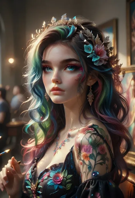 painting of a woman with long hair and multicolored hair, beautiful digital illustration, stunning digital illustration, gorgeou...