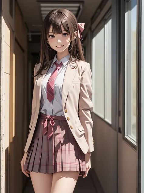 (8k, RAW Photos, Best Quality), Standing in a school classroom, (((((((One woman))))))), ((Brown Hair)), ((Short semi-long hair)), (Asymmetrical bangs), ((Detailed eyes)), ((A happy smile)), ((Long, slender legs)), ((Red ribbon tie)), (((Light grey closed ...