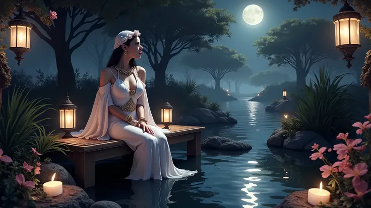 there is a woman sitting on a bench in the water, 4k fantasy art, realistic fantasy illustration, 8k fantasy art, beautiful fantasy art, beautiful fantasy maiden, 4k highly detailed digital art, detailed fantasy digital art, hd fantasy art, fantasy art sty...