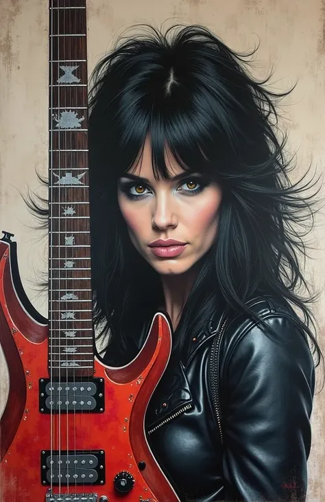 chalk Graffiti art-style with muted -chalk highlight-details, insoired by Max Twain, a clise up of Joan Jett with the E guitar jackson Rhoads, Distinctive V-shaped body design, which became a trademark of Randy Rhoads on-stage presence, Asymmetrical, humbu...