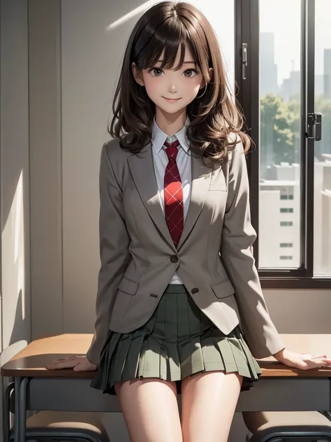 (8k, RAW Photos, Best Quality), Standing in a school classroom, (((((((One woman))))))), ((Brown Hair)), ((Wavy, short, medium-length hair)), (Asymmetrical bangs), ((Detailed eyes)), ((A happy smile)), ((Long, slender legs)), ((Red tie)), (((Light grey clo...