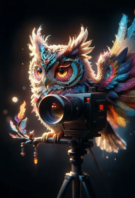 painting of colorful owl on black background,, breathtaking rendering, in radiant communication, вдохновлено Kinuko Y. Craft,, magical elements, kitten icon, Wow, Beautiful, casting a multi-colored spell, bright Flash, Flash  