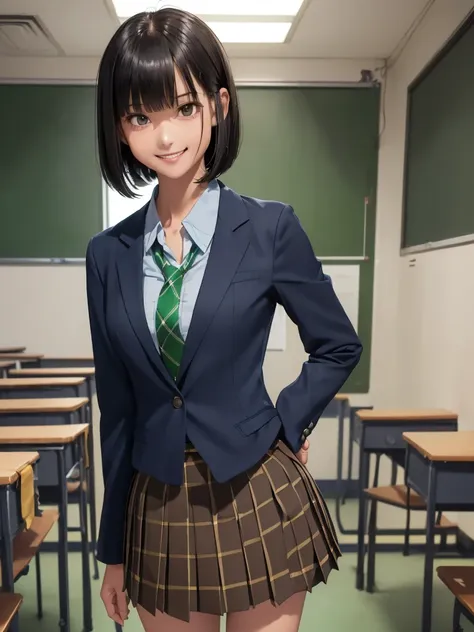 (8k, raw photos, best quality), standing in a school classroom, (((((((one woman))))))), ((black hair)), ((medium bob hair)), (a...