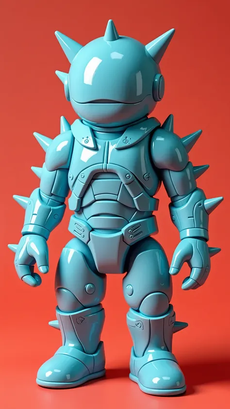 ilustración técnica de product nuevo packingtado, ultra detailed, extreme attention to detail. product/packing. Plastic figure of a space cowboy themed character with spikes on the body (Science fiction), (Japanese toy type from the 70s), Full front view p...